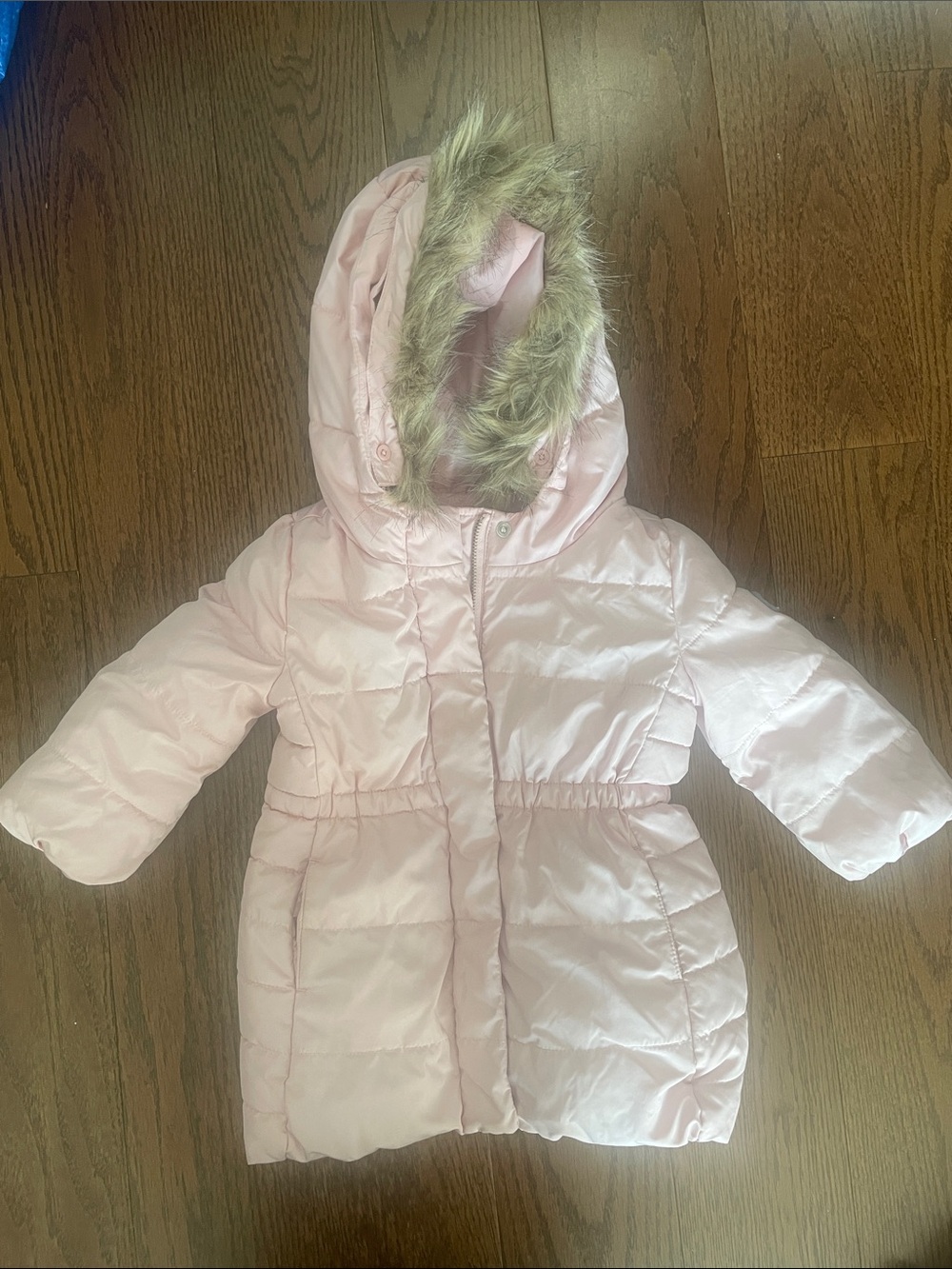 GAP Baby Light Pink Hooded Puffer Jacket with Faux Fur Trim